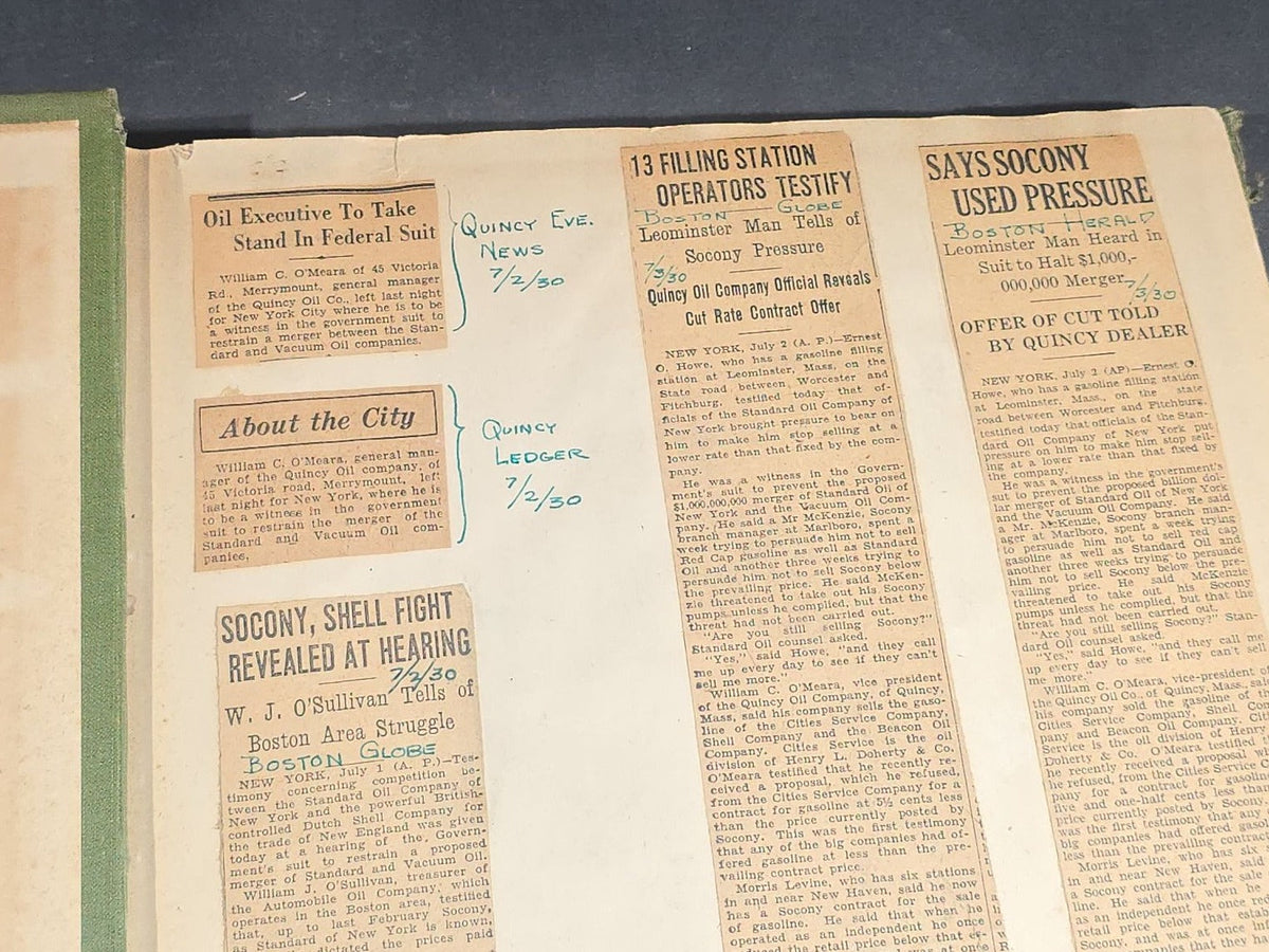 Vintage Quincy Oil Company Scrapbook with Snapshot Photographs, Newspaper Clippings, and Ephemera Documenting Fred E. Bergfors and Company Operations across Massachusetts, Circa 1928-1935