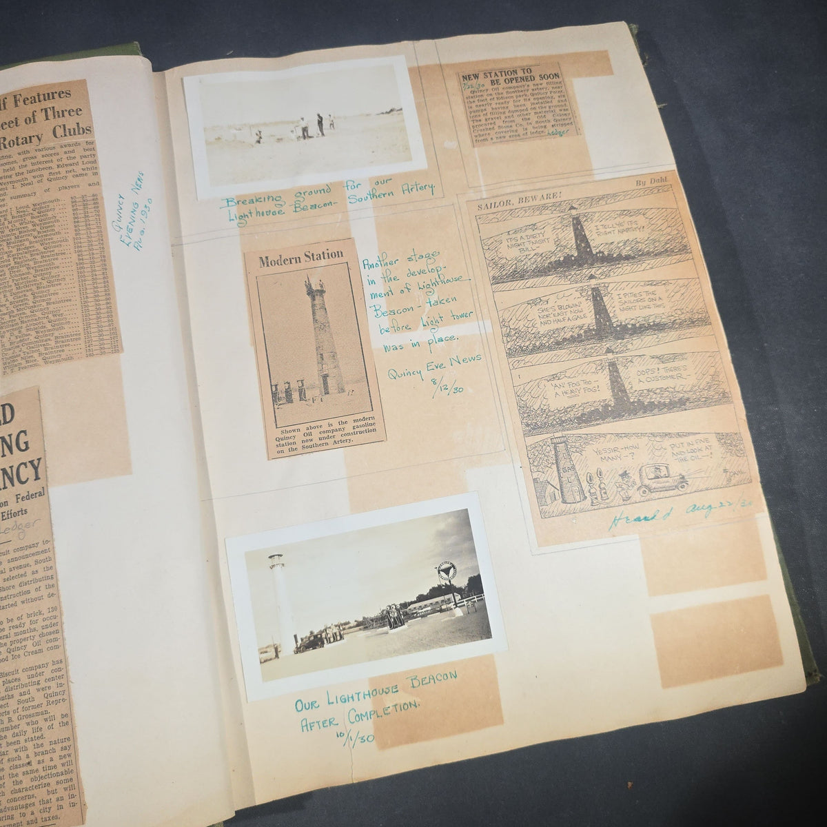 Vintage Quincy Oil Company Scrapbook with Snapshot Photographs, Newspaper Clippings, and Ephemera Documenting Fred E. Bergfors and Company Operations across Massachusetts, Circa 1928-1935