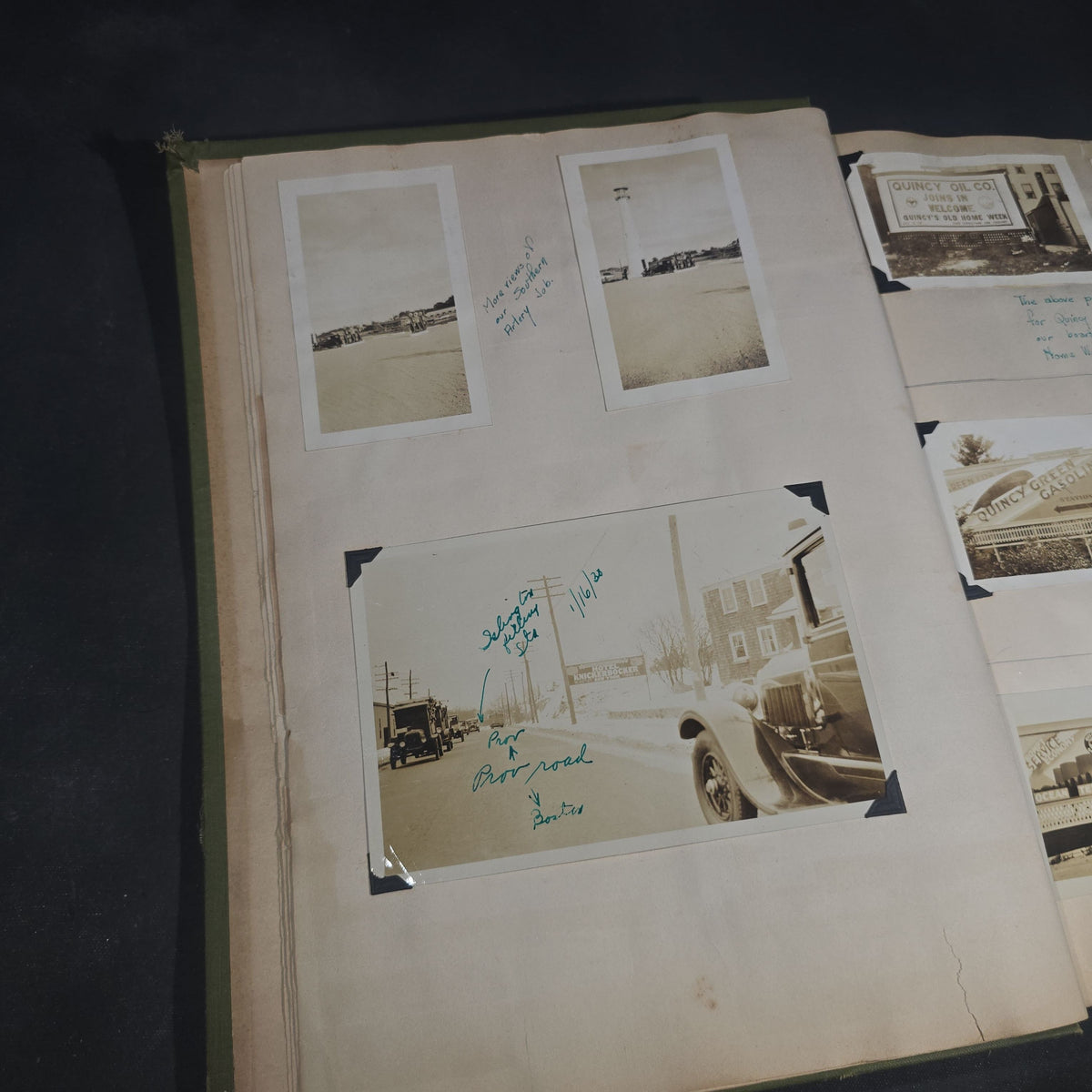 Vintage Quincy Oil Company Scrapbook with Snapshot Photographs, Newspaper Clippings, and Ephemera Documenting Fred E. Bergfors and Company Operations across Massachusetts, Circa 1928-1935