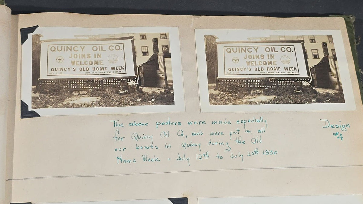 Vintage Quincy Oil Company Scrapbook with Snapshot Photographs, Newspaper Clippings, and Ephemera Documenting Fred E. Bergfors and Company Operations across Massachusetts, Circa 1928-1935