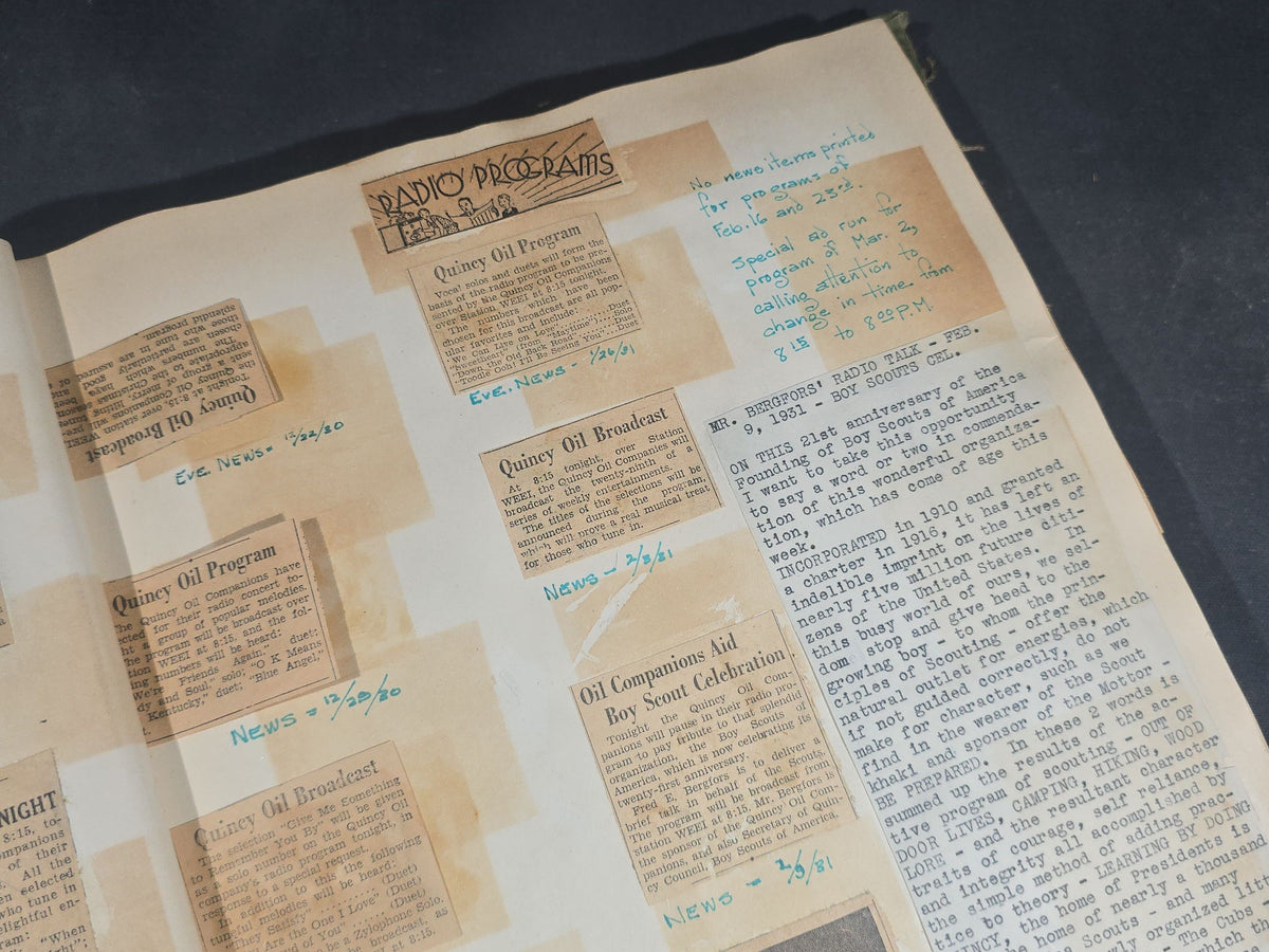 Vintage Quincy Oil Company Scrapbook with Snapshot Photographs, Newspaper Clippings, and Ephemera Documenting Fred E. Bergfors and Company Operations across Massachusetts, Circa 1928-1935