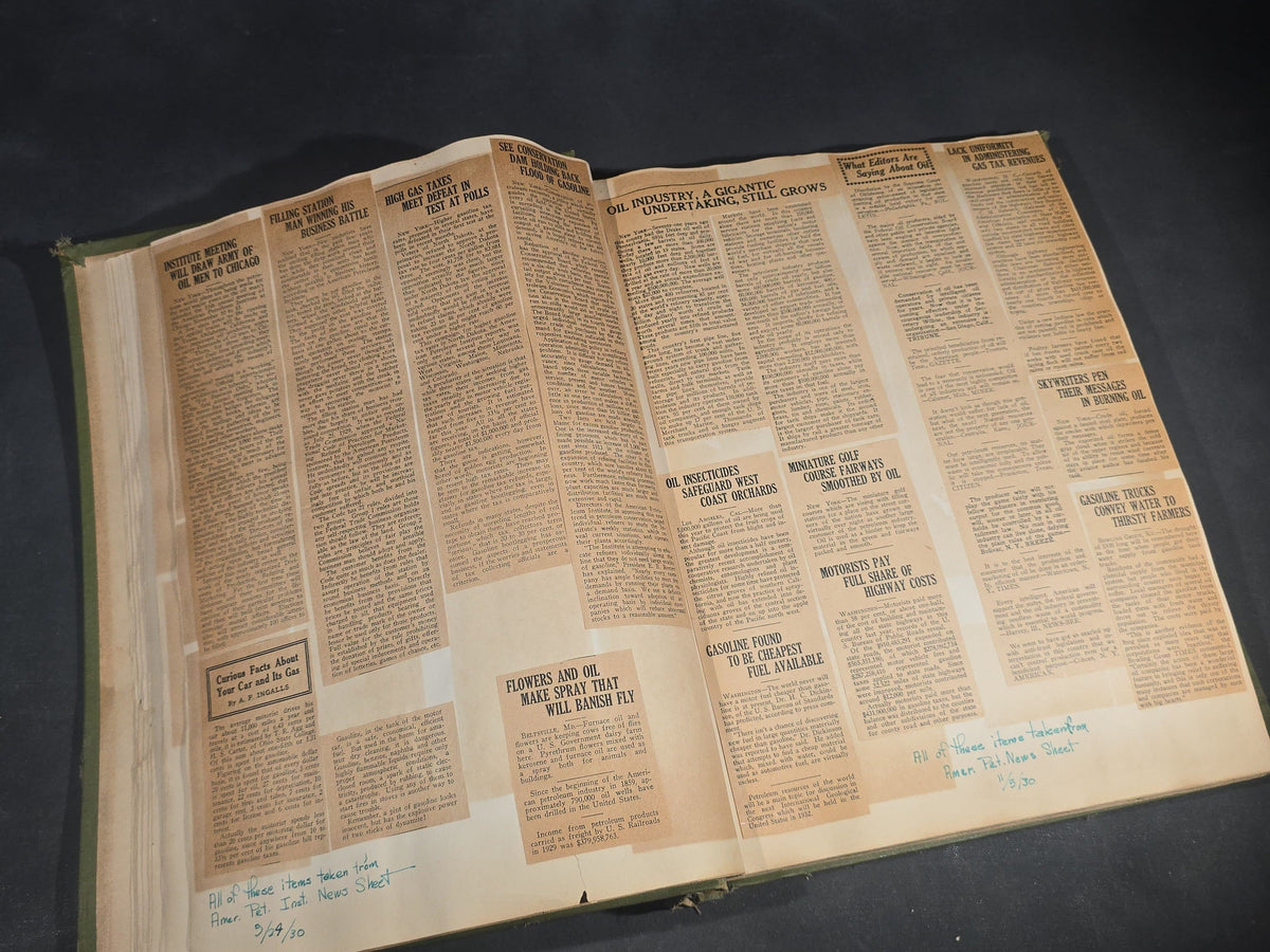Vintage Quincy Oil Company Scrapbook with Snapshot Photographs, Newspaper Clippings, and Ephemera Documenting Fred E. Bergfors and Company Operations across Massachusetts, Circa 1928-1935