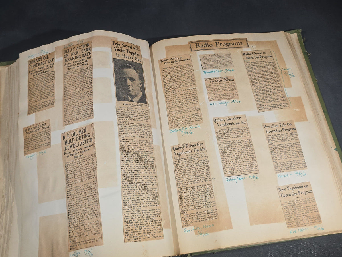 Vintage Quincy Oil Company Scrapbook with Snapshot Photographs, Newspaper Clippings, and Ephemera Documenting Fred E. Bergfors and Company Operations across Massachusetts, Circa 1928-1935