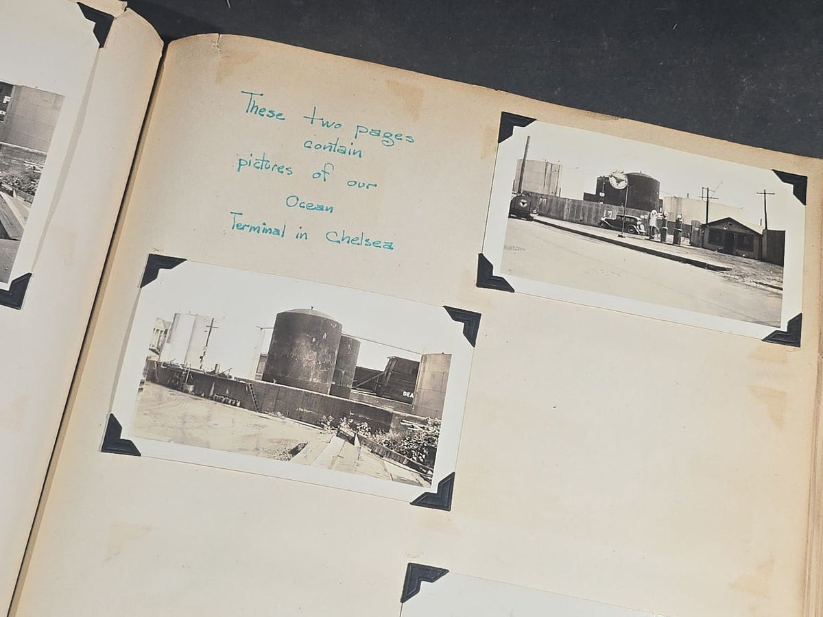 Vintage Quincy Oil Company Scrapbook with Snapshot Photographs, Newspaper Clippings, and Ephemera Documenting Fred E. Bergfors and Company Operations across Massachusetts, Circa 1928-1935
