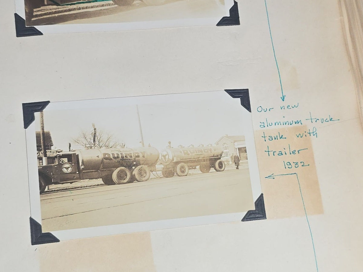 Vintage Quincy Oil Company Scrapbook with Snapshot Photographs, Newspaper Clippings, and Ephemera Documenting Fred E. Bergfors and Company Operations across Massachusetts, Circa 1928-1935