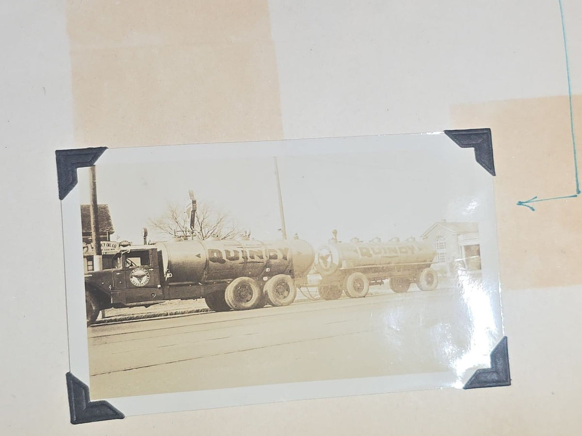 Vintage Quincy Oil Company Scrapbook with Snapshot Photographs, Newspaper Clippings, and Ephemera Documenting Fred E. Bergfors and Company Operations across Massachusetts, Circa 1928-1935