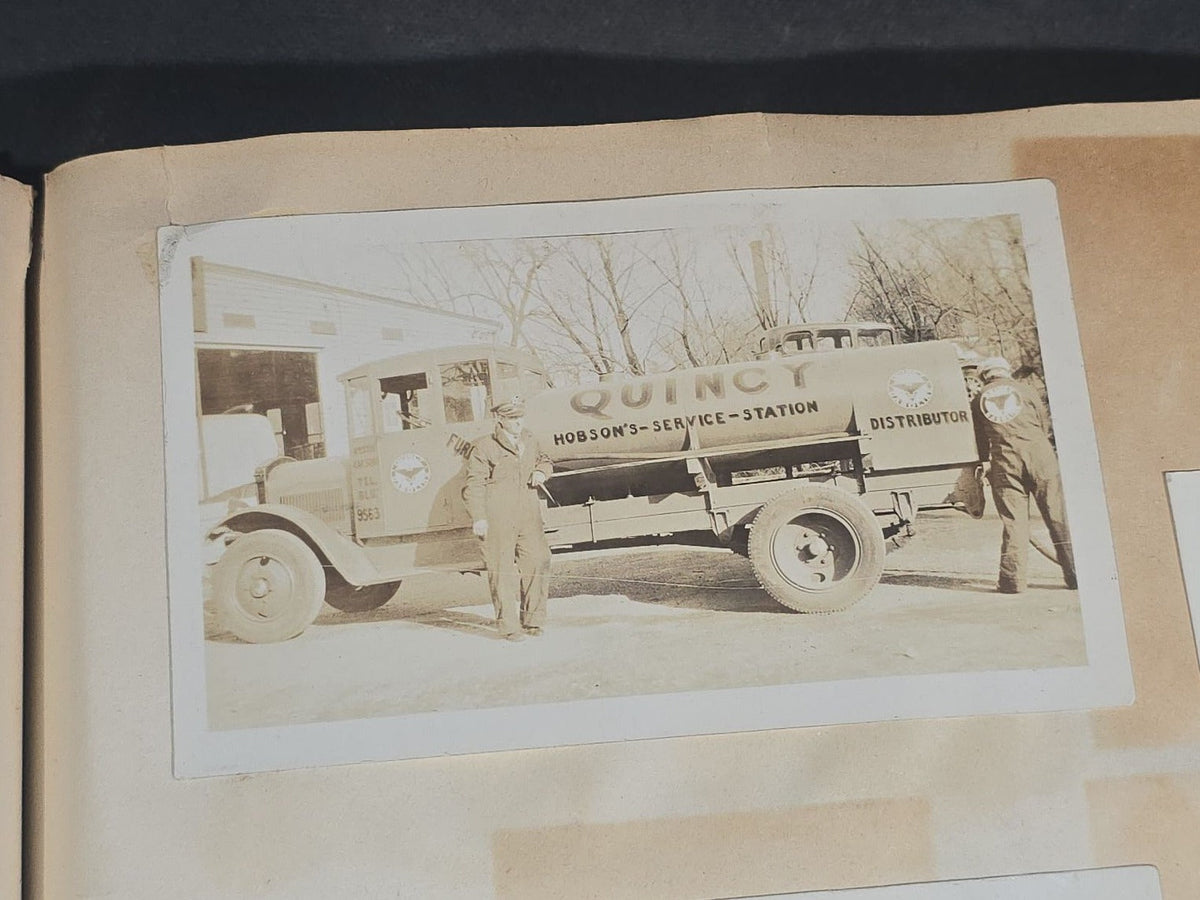 Vintage Quincy Oil Company Scrapbook with Snapshot Photographs, Newspaper Clippings, and Ephemera Documenting Fred E. Bergfors and Company Operations across Massachusetts, Circa 1928-1935