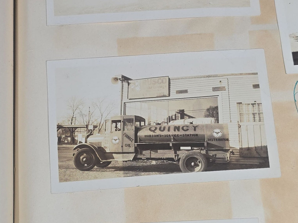Vintage Quincy Oil Company Scrapbook with Snapshot Photographs, Newspaper Clippings, and Ephemera Documenting Fred E. Bergfors and Company Operations across Massachusetts, Circa 1928-1935