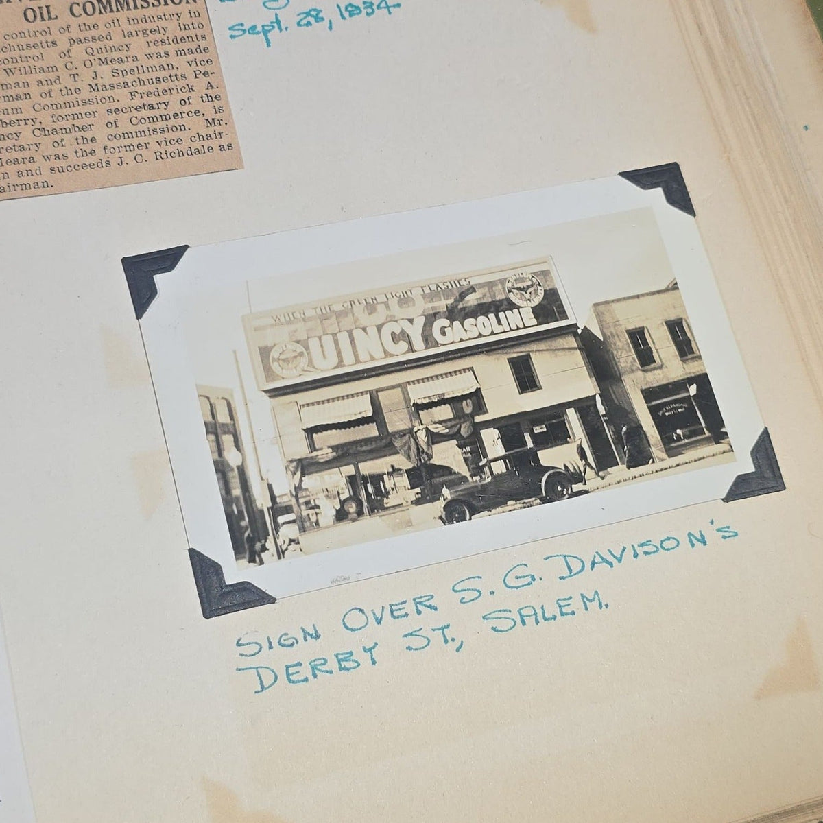 Vintage Quincy Oil Company Scrapbook with Snapshot Photographs, Newspaper Clippings, and Ephemera Documenting Fred E. Bergfors and Company Operations across Massachusetts, Circa 1928-1935