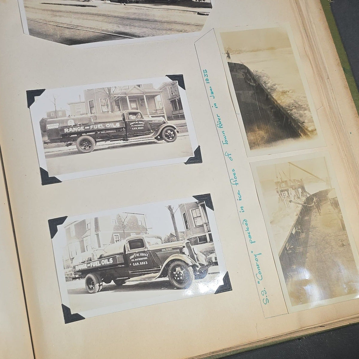 Vintage Quincy Oil Company Scrapbook with Snapshot Photographs, Newspaper Clippings, and Ephemera Documenting Fred E. Bergfors and Company Operations across Massachusetts, Circa 1928-1935