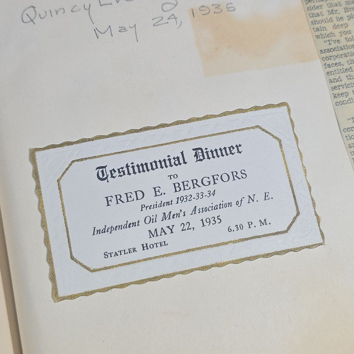 Vintage Quincy Oil Company Scrapbook with Snapshot Photographs, Newspaper Clippings, and Ephemera Documenting Fred E. Bergfors and Company Operations across Massachusetts, Circa 1928-1935