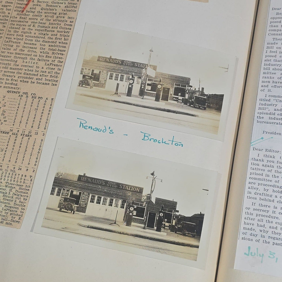 Vintage Quincy Oil Company Scrapbook with Snapshot Photographs, Newspaper Clippings, and Ephemera Documenting Fred E. Bergfors and Company Operations across Massachusetts, Circa 1928-1935