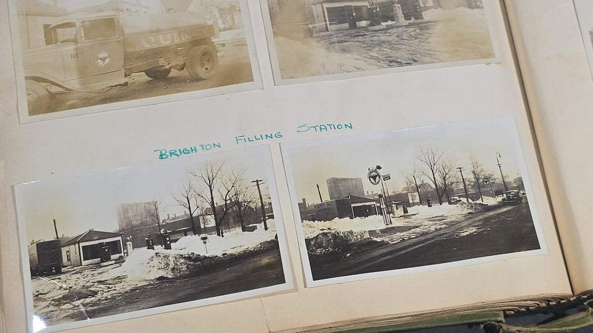Vintage Quincy Oil Company Scrapbook with Snapshot Photographs, Newspaper Clippings, and Ephemera Documenting Fred E. Bergfors and Company Operations across Massachusetts, Circa 1928-1935