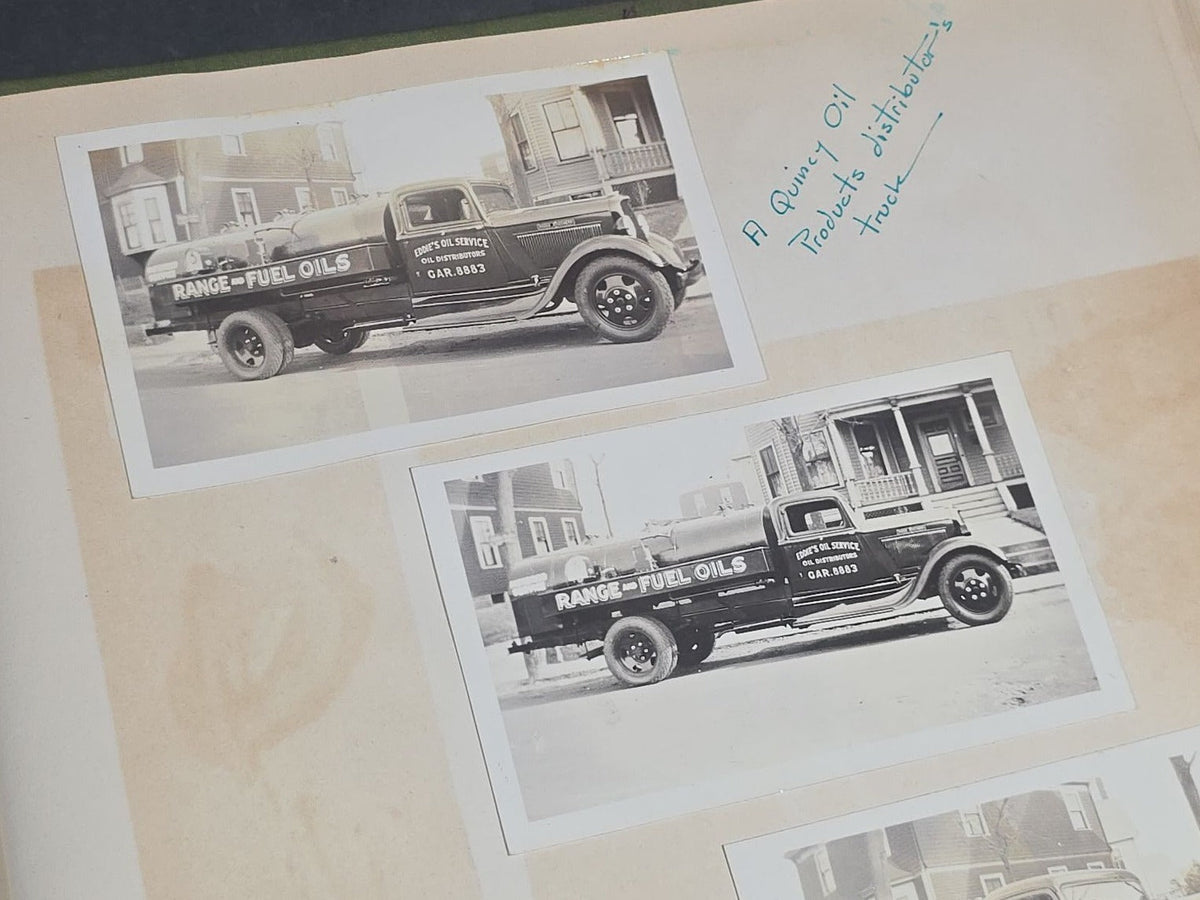Vintage Quincy Oil Company Scrapbook with Snapshot Photographs, Newspaper Clippings, and Ephemera Documenting Fred E. Bergfors and Company Operations across Massachusetts, Circa 1928-1935