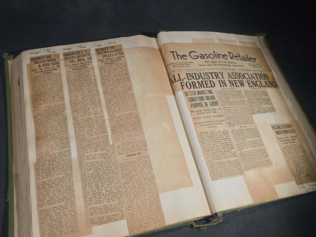 Vintage Quincy Oil Company Scrapbook with Snapshot Photographs, Newspaper Clippings, and Ephemera Documenting Fred E. Bergfors and Company Operations across Massachusetts, Circa 1928-1935