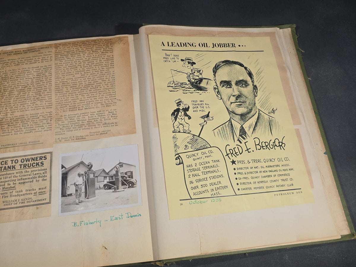 Vintage Quincy Oil Company Scrapbook with Snapshot Photographs, Newspaper Clippings, and Ephemera Documenting Fred E. Bergfors and Company Operations across Massachusetts, Circa 1928-1935