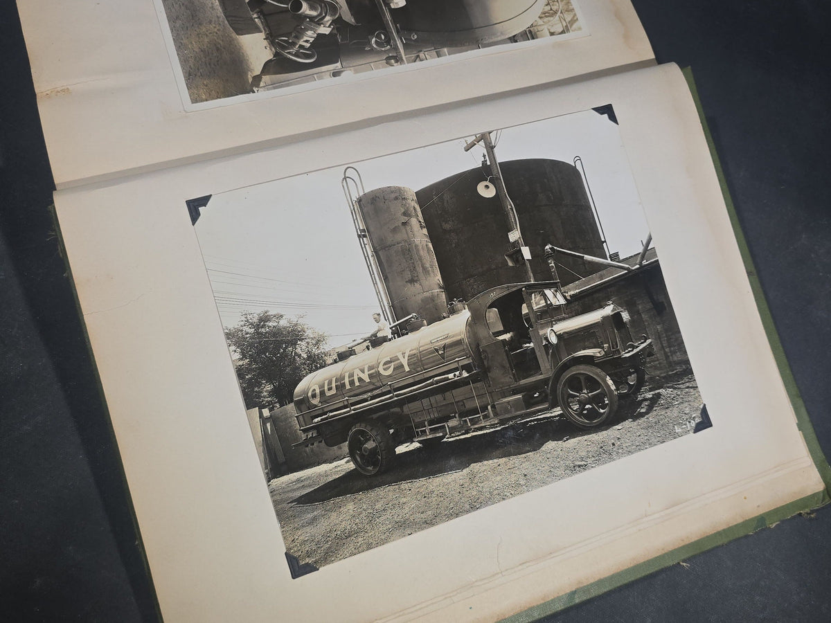Vintage Quincy Oil Company Scrapbook with Snapshot Photographs, Newspaper Clippings, and Ephemera Documenting Fred E. Bergfors and Company Operations across Massachusetts, Circa 1928-1935