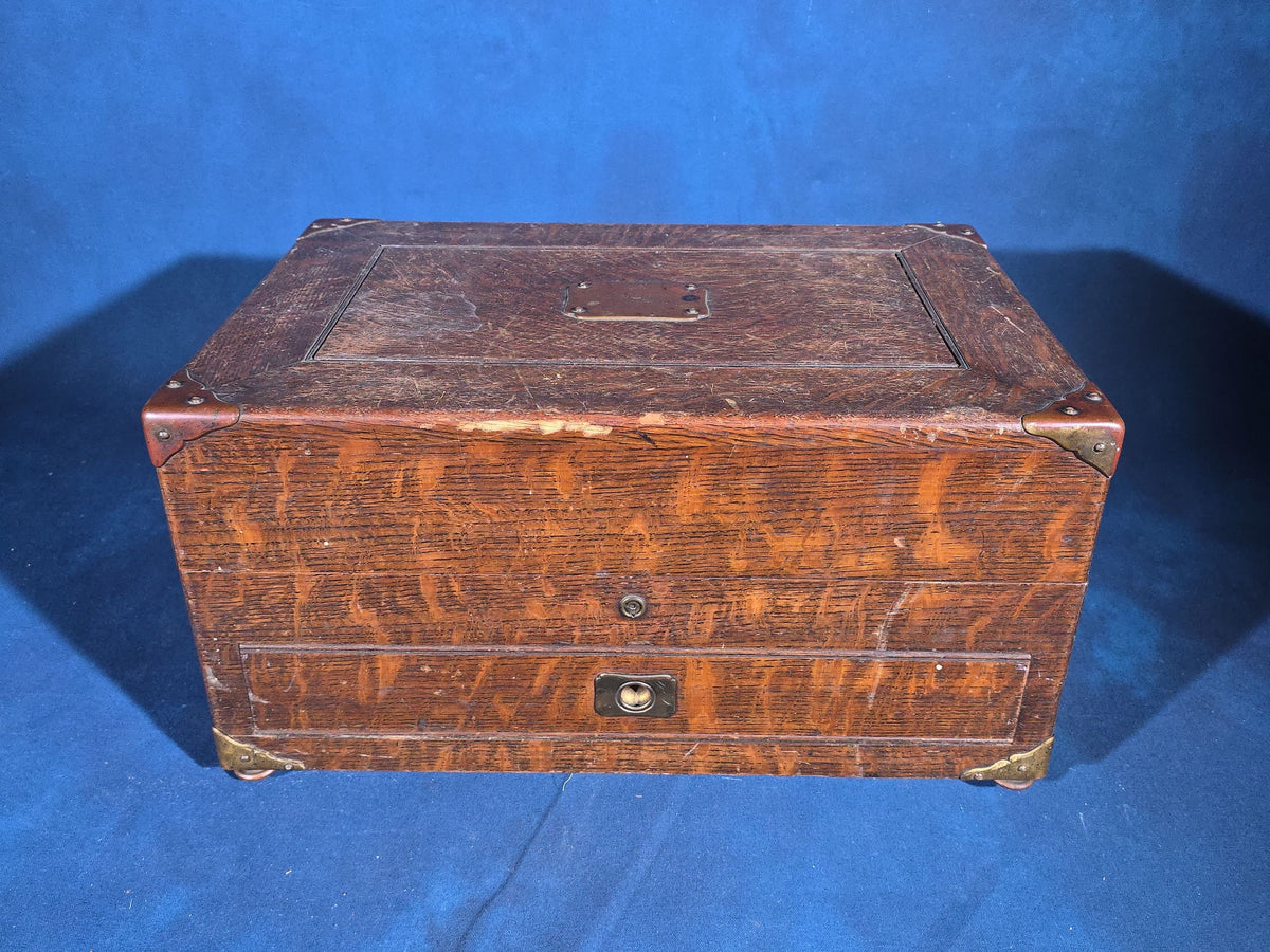 Antique Quarter-Sawn Oak Cigar Humidor with Brass Hardware, Engraved "Rena Brooke Warren. April 20th 1904."