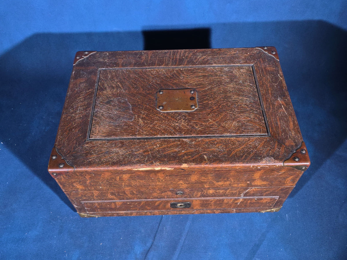Antique Quarter-Sawn Oak Cigar Humidor with Brass Hardware, Engraved "Rena Brooke Warren. April 20th 1904."