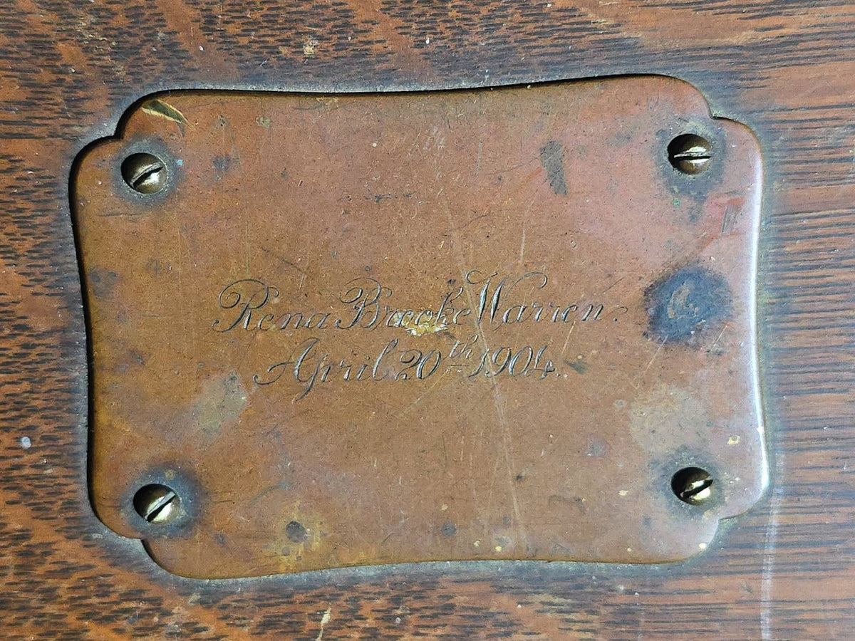 Antique Quarter-Sawn Oak Cigar Humidor with Brass Hardware, Engraved "Rena Brooke Warren. April 20th 1904."
