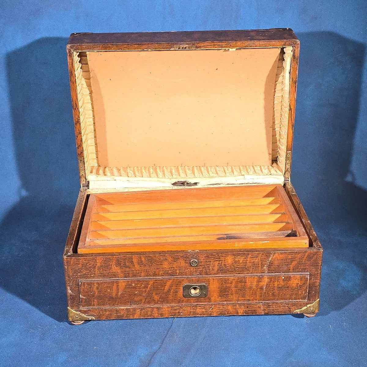 Antique Quarter-Sawn Oak Cigar Humidor with Brass Hardware, Engraved "Rena Brooke Warren. April 20th 1904."