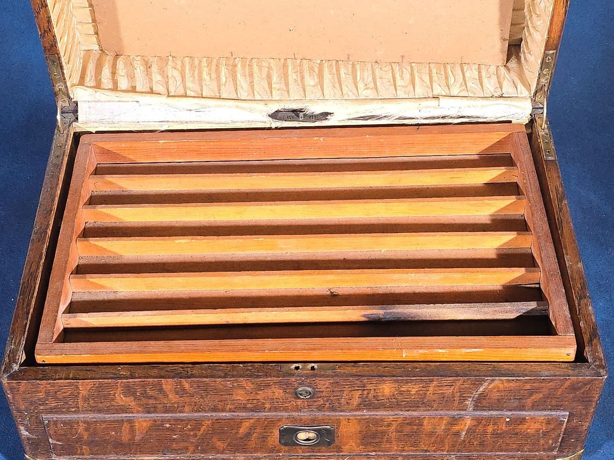 Antique Quarter-Sawn Oak Cigar Humidor with Brass Hardware, Engraved "Rena Brooke Warren. April 20th 1904."