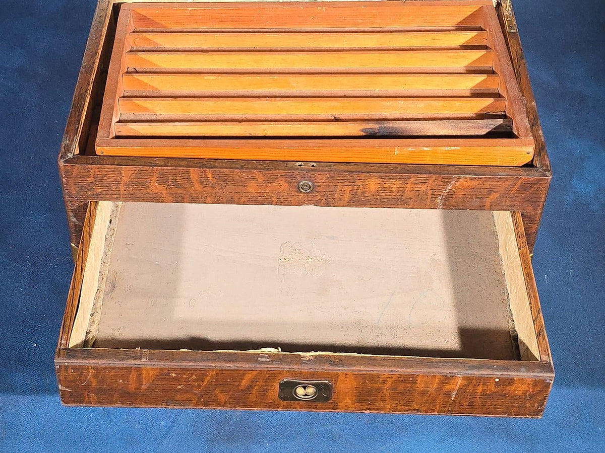 Antique Quarter-Sawn Oak Cigar Humidor with Brass Hardware, Engraved "Rena Brooke Warren. April 20th 1904."