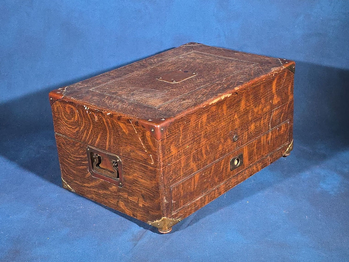 Antique Quarter-Sawn Oak Cigar Humidor with Brass Hardware, Engraved "Rena Brooke Warren. April 20th 1904."