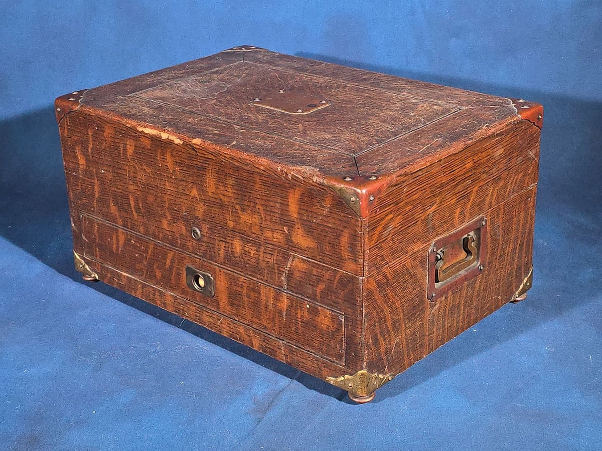 Antique Quarter-Sawn Oak Cigar Humidor with Brass Hardware, Engraved "Rena Brooke Warren. April 20th 1904."