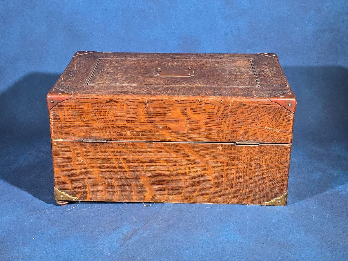 Antique Quarter-Sawn Oak Cigar Humidor with Brass Hardware, Engraved "Rena Brooke Warren. April 20th 1904."