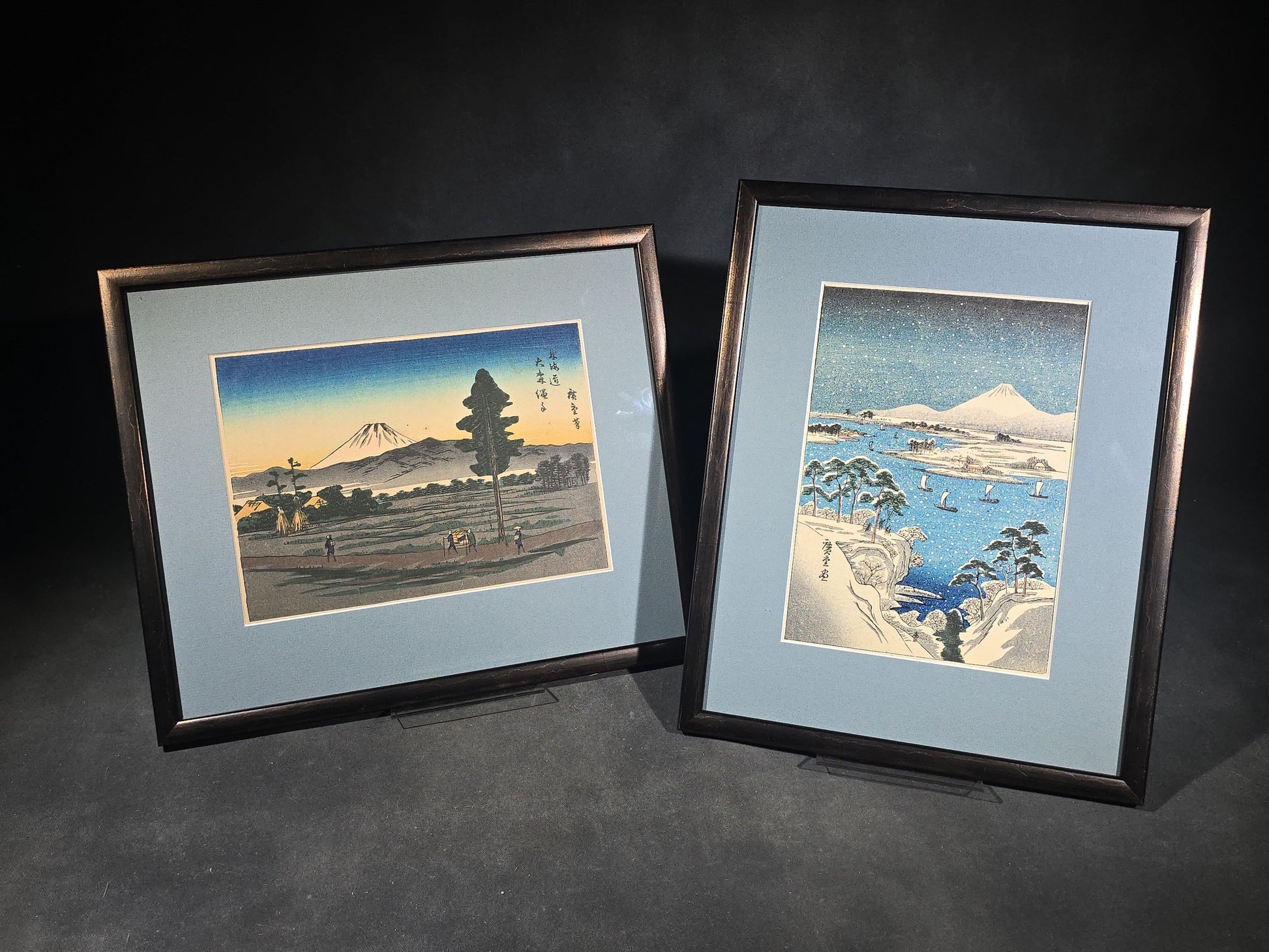 Pair of Vintage Japanese Woodblock Prints after Utagawa Hiroshige, Mount Fuji Landscapes in Modern Frames