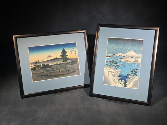 Pair of Vintage Japanese Woodblock Prints after Utagawa Hiroshige, Mount Fuji Landscapes in Modern Frames