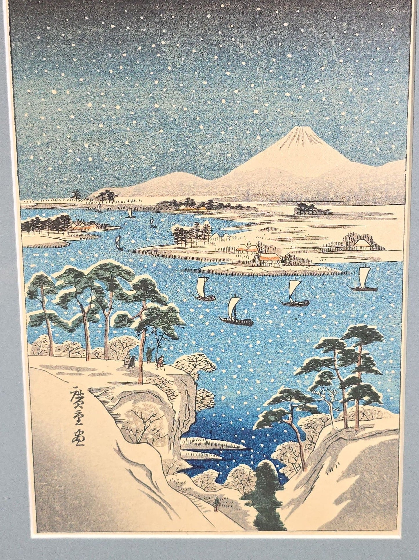 Pair of Vintage Japanese Woodblock Prints after Utagawa Hiroshige, Mount Fuji Landscapes in Modern Frames