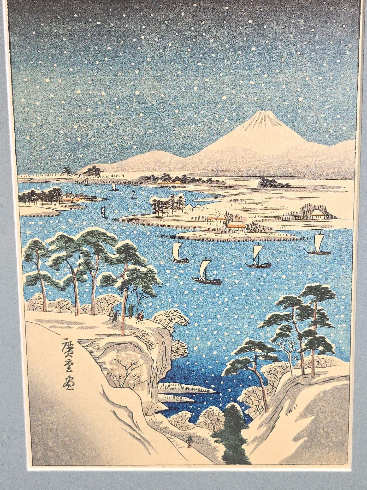 Pair of Vintage Japanese Woodblock Prints after Utagawa Hiroshige, Mount Fuji Landscapes in Modern Frames