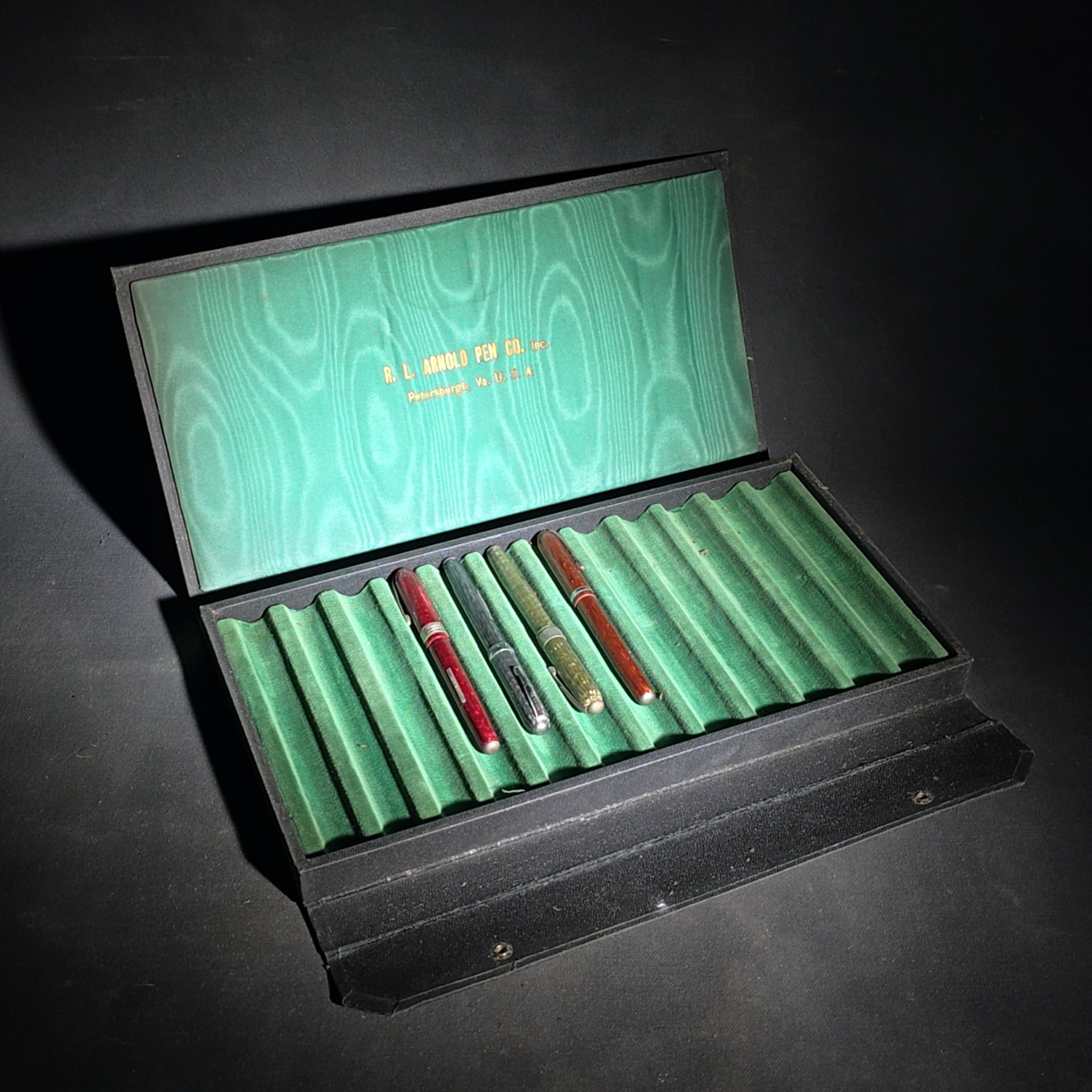 Grouping of Four Vintage R.L. Arnold Pen Co. Fountain Pens in Presentation Case, Petersburgh, Virginia, U.S.A.