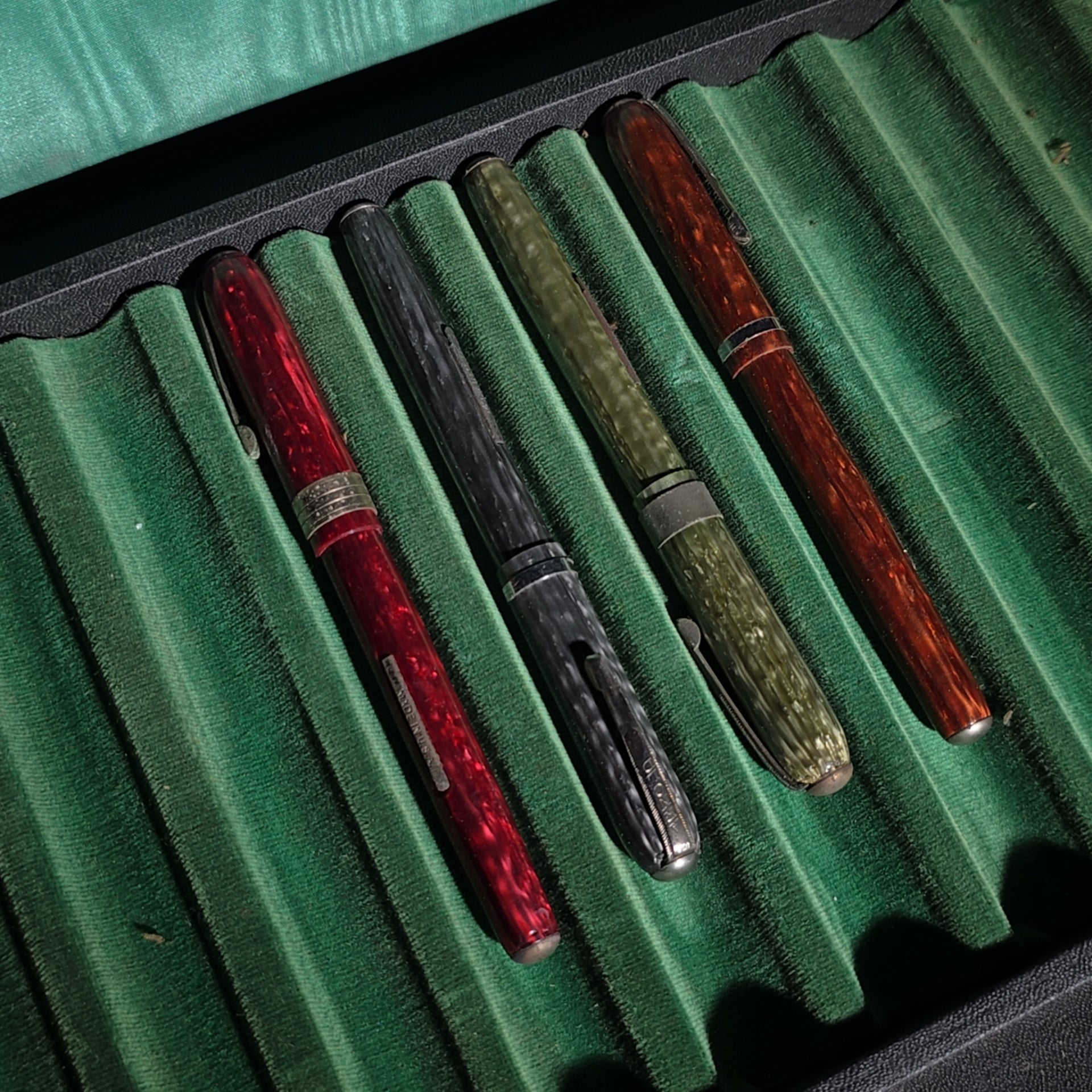 Grouping of Four Vintage R.L. Arnold Pen Co. Fountain Pens in Presentation Case, Petersburgh, Virginia, U.S.A.