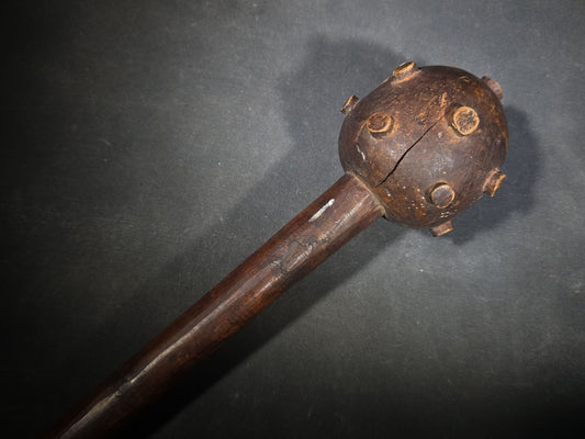 Vintage Carved Wood African Knobkerrie War Club with Studded Globular Head