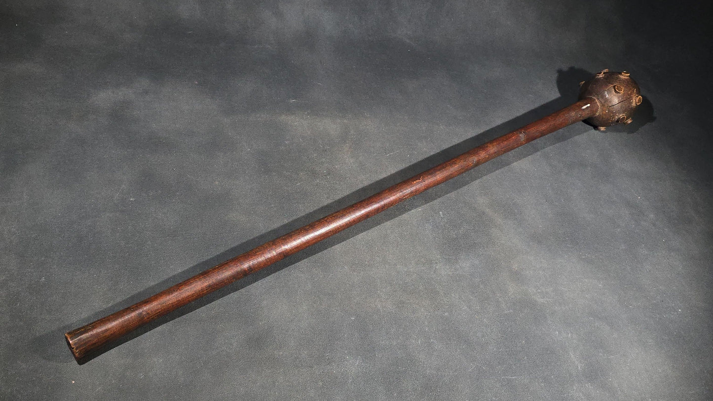 Vintage Carved Wood African Knobkerrie War Club with Studded Globular Head