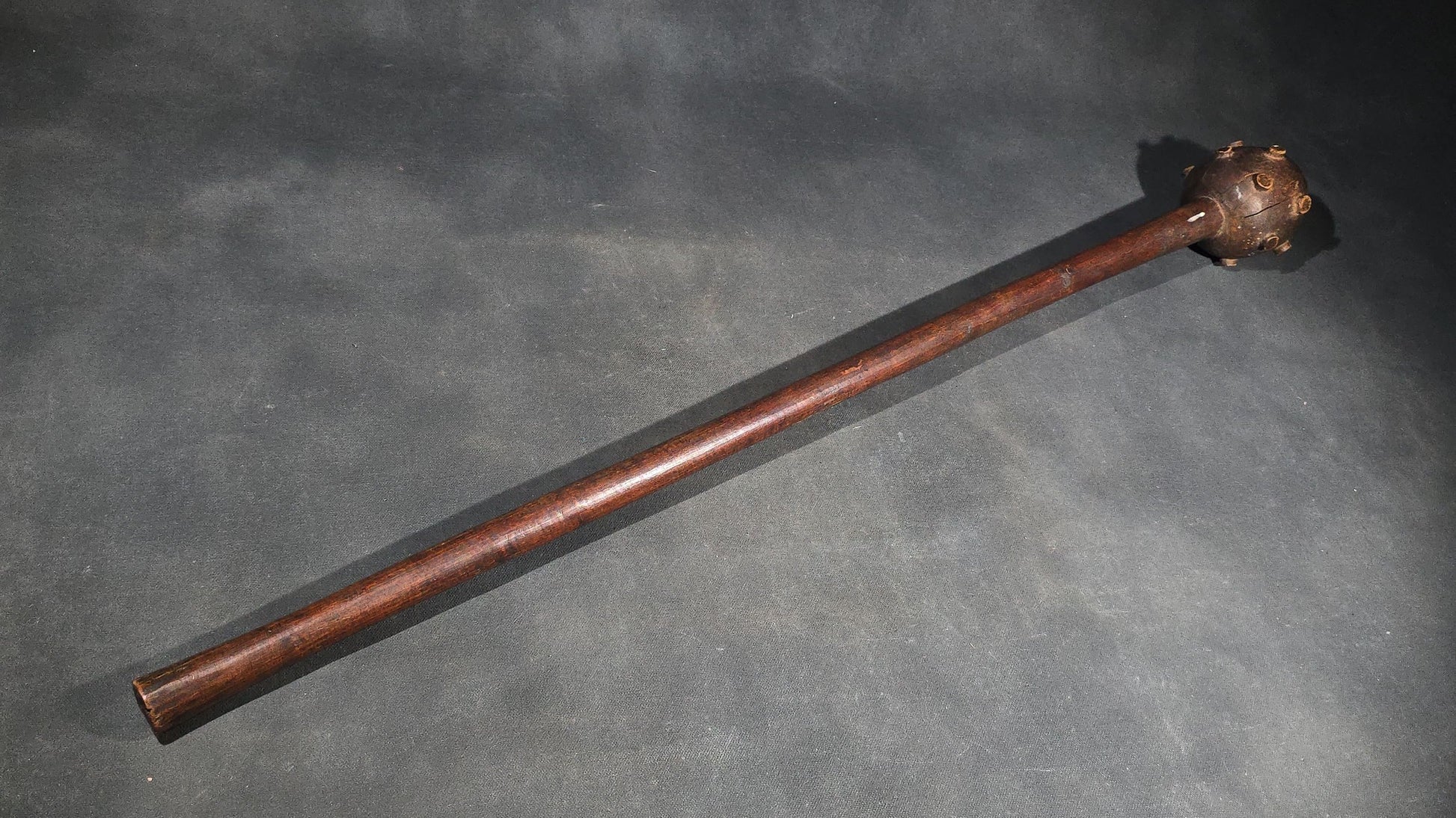 Vintage Carved Wood African Knobkerrie War Club with Studded Globular Head