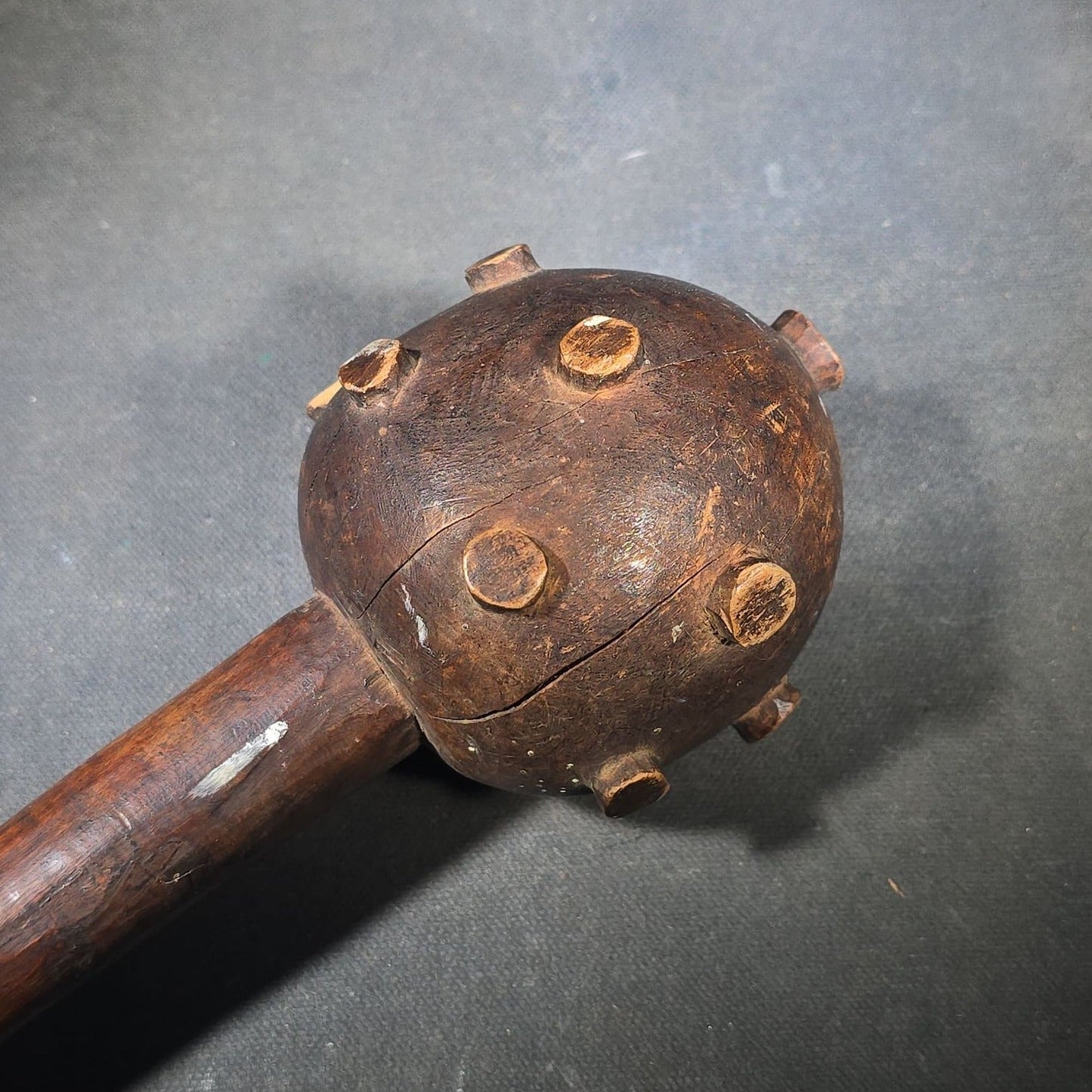 Vintage Carved Wood African Knobkerrie War Club with Studded Globular Head