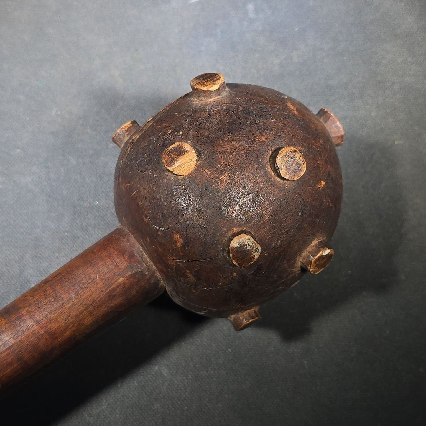 Vintage Carved Wood African Knobkerrie War Club with Studded Globular Head