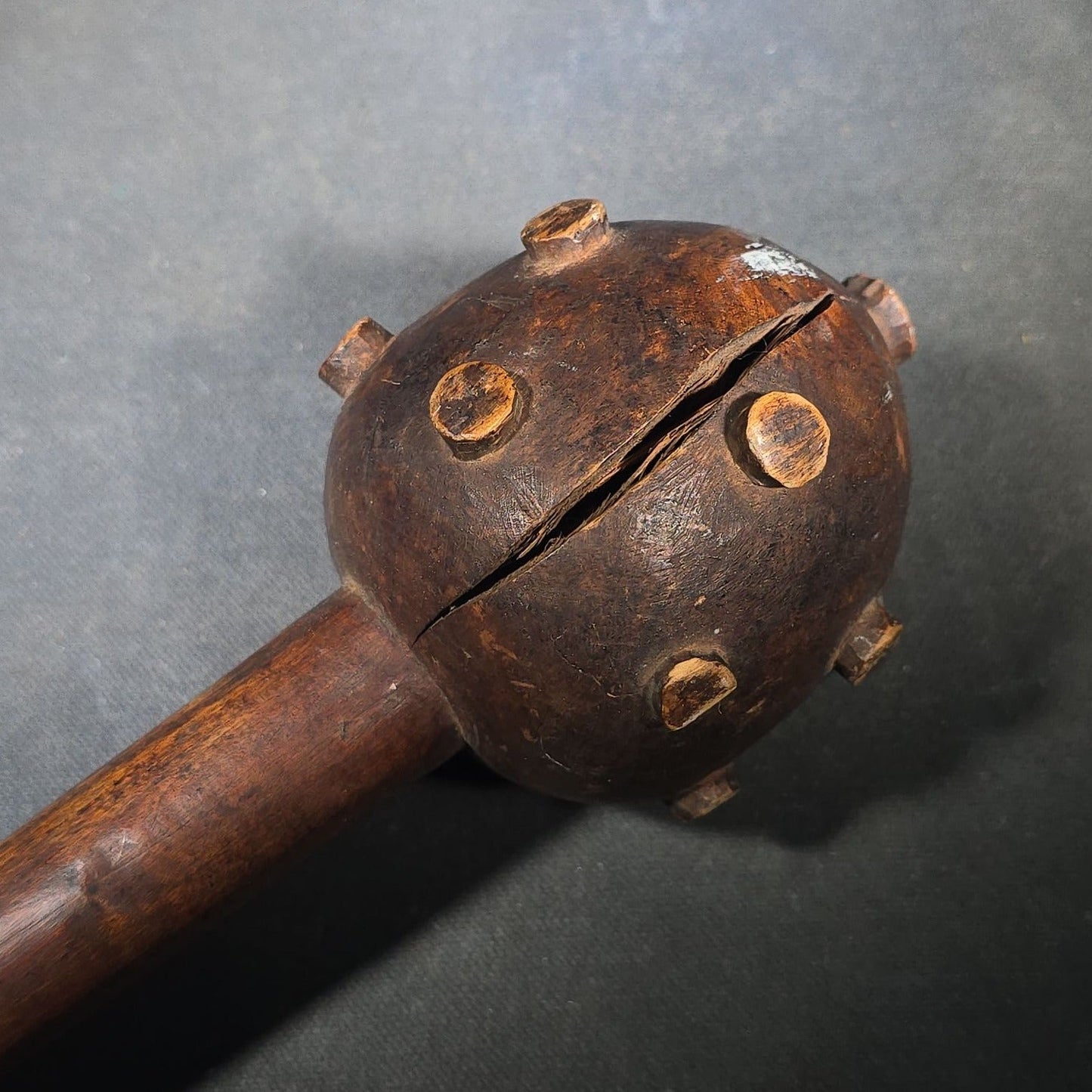 Vintage Carved Wood African Knobkerrie War Club with Studded Globular Head