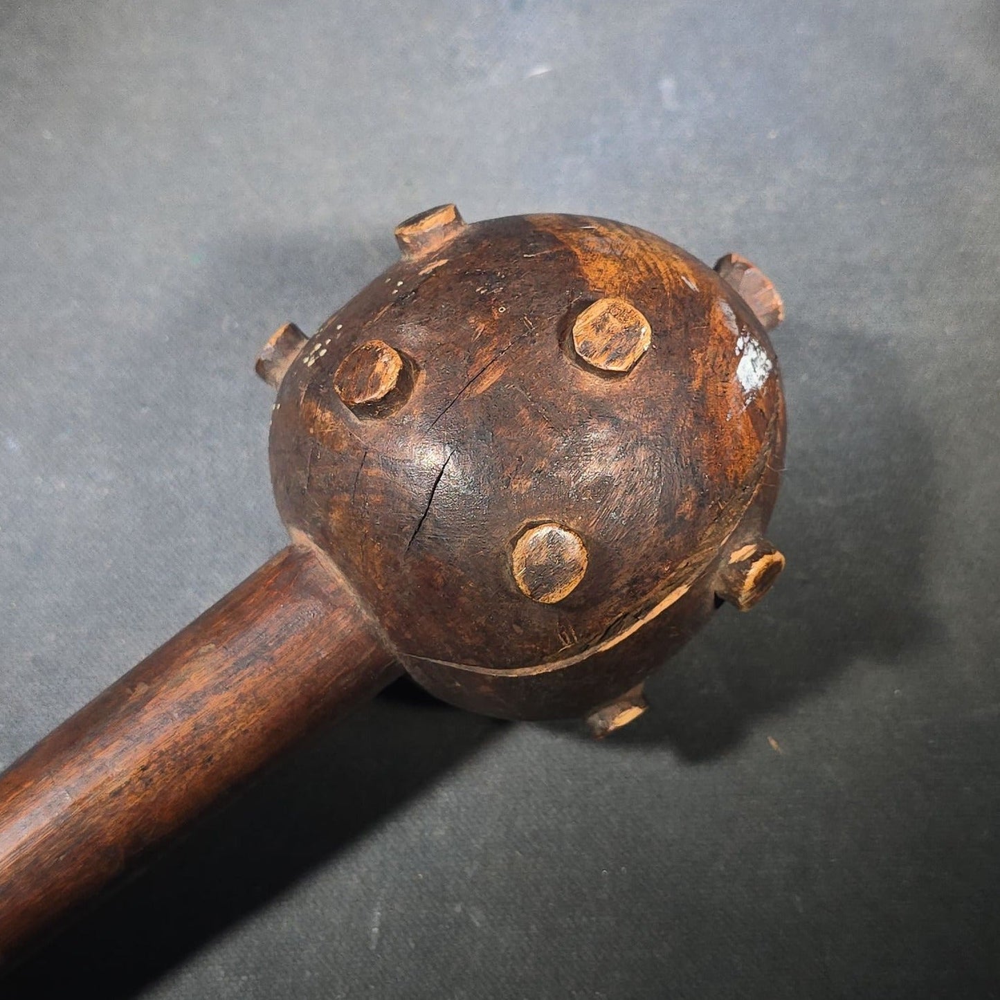 Vintage Carved Wood African Knobkerrie War Club with Studded Globular Head