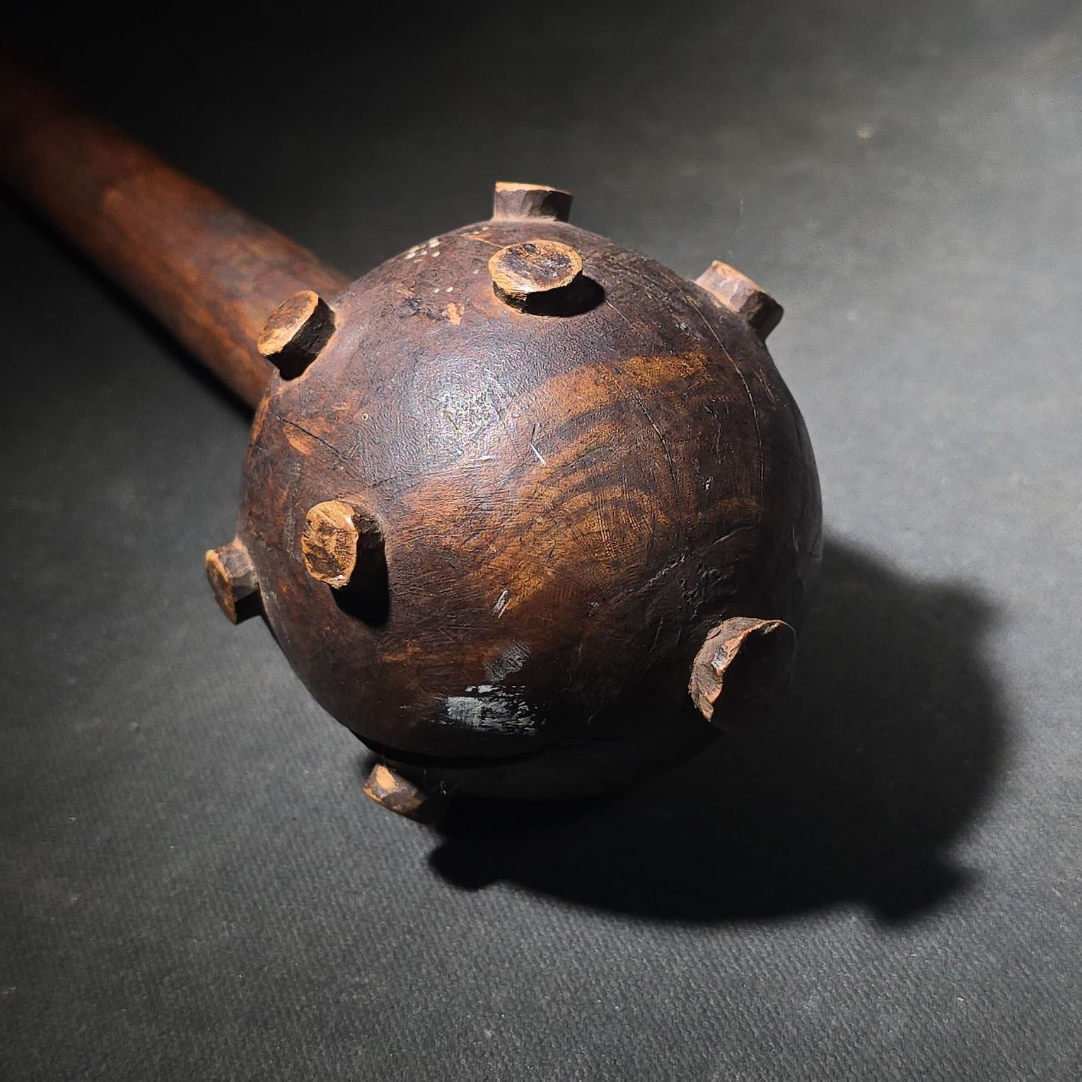 Vintage Carved Wood African Knobkerrie War Club with Studded Globular Head