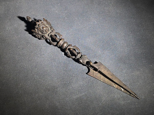 Antique Tibetan Bronze Phurba Ceremonial Ritual Dagger with Wrathful Deity Head and Triangular Blade