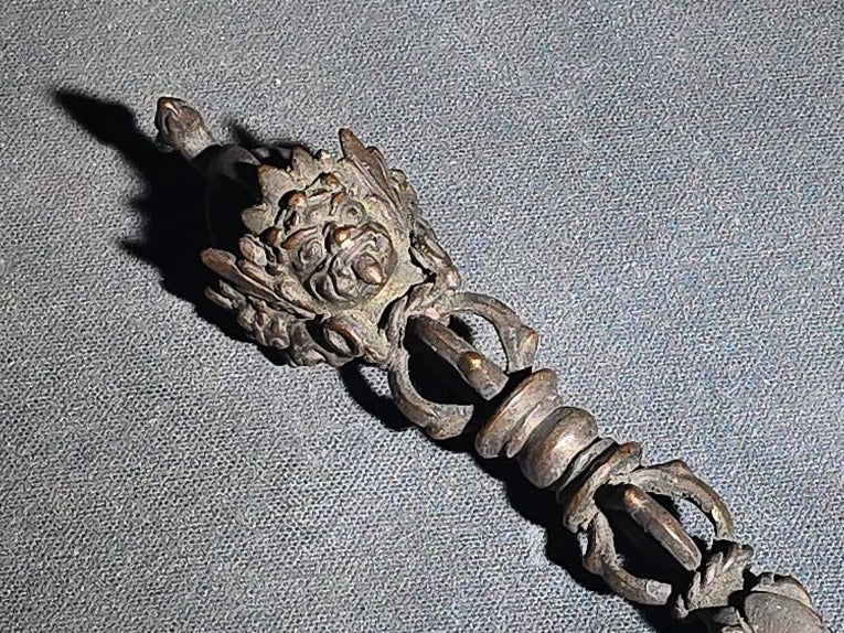 Antique Tibetan Bronze Phurba Ceremonial Ritual Dagger with Wrathful Deity Head and Triangular Blade