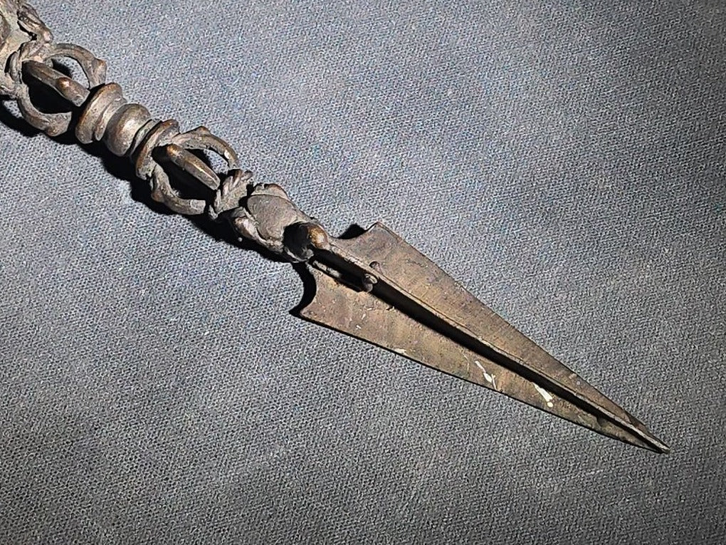 Antique Tibetan Bronze Phurba Ceremonial Ritual Dagger with Wrathful Deity Head and Triangular Blade