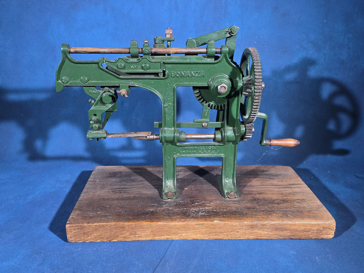 Antique Bonanza Cast Iron Apple Parer, Manufactured by Goodell Co., Antrim, New Hampshire, U.S.A., Mounted on Wood Board