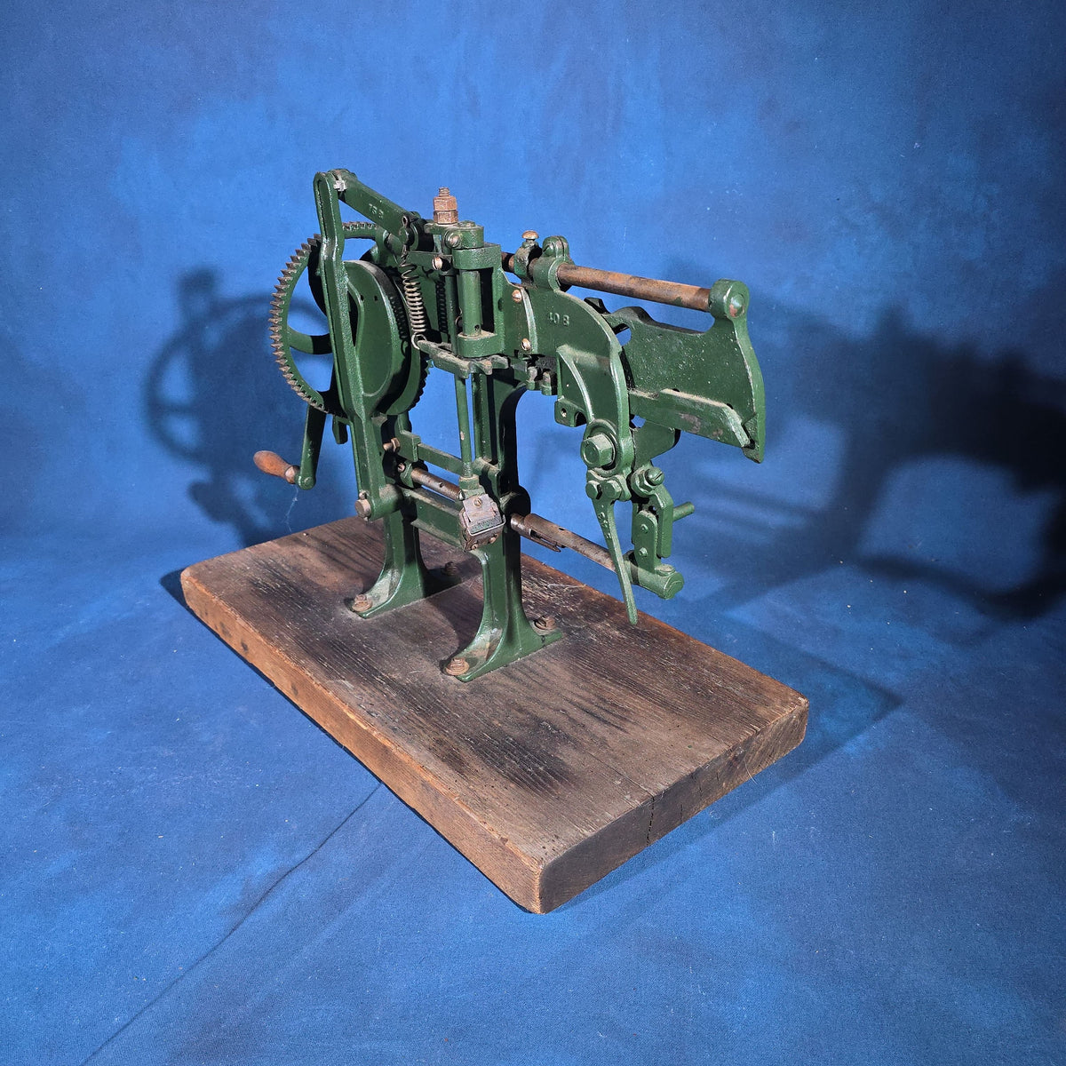 Antique Bonanza Cast Iron Apple Parer, Manufactured by Goodell Co., Antrim, New Hampshire, U.S.A., Mounted on Wood Board
