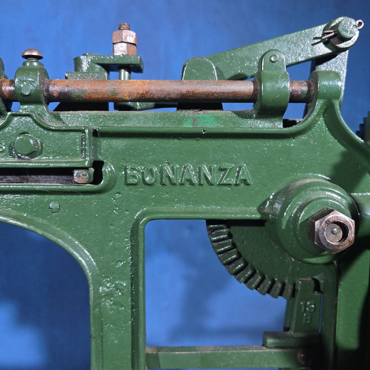 Antique Bonanza Cast Iron Apple Parer, Manufactured by Goodell Co., Antrim, New Hampshire, U.S.A., Mounted on Wood Board